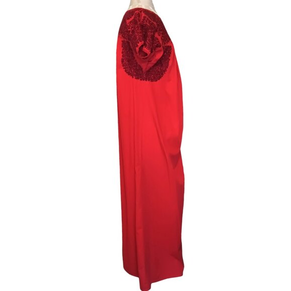 Mexican Oaxacan Red On Red Embroidered Dress Maxi Length Vintage Small Medium - Picture 3 of 16